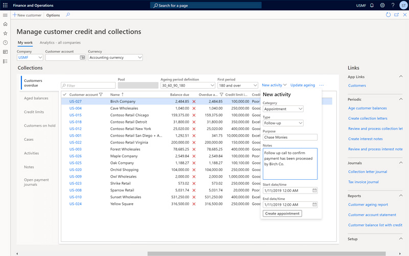 programar seguimiento en Dynamics 365 Finance